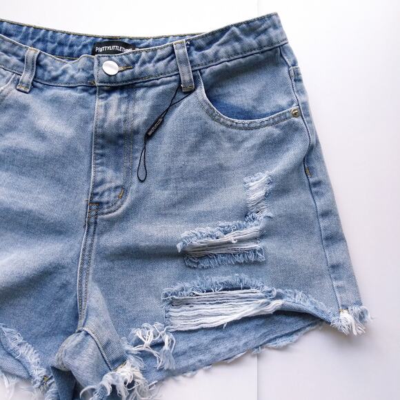 Pretty Little Thing Size 8 Denim Jean Shorts Cutoffs Distressed Boho Festival - Picture 3 of 10